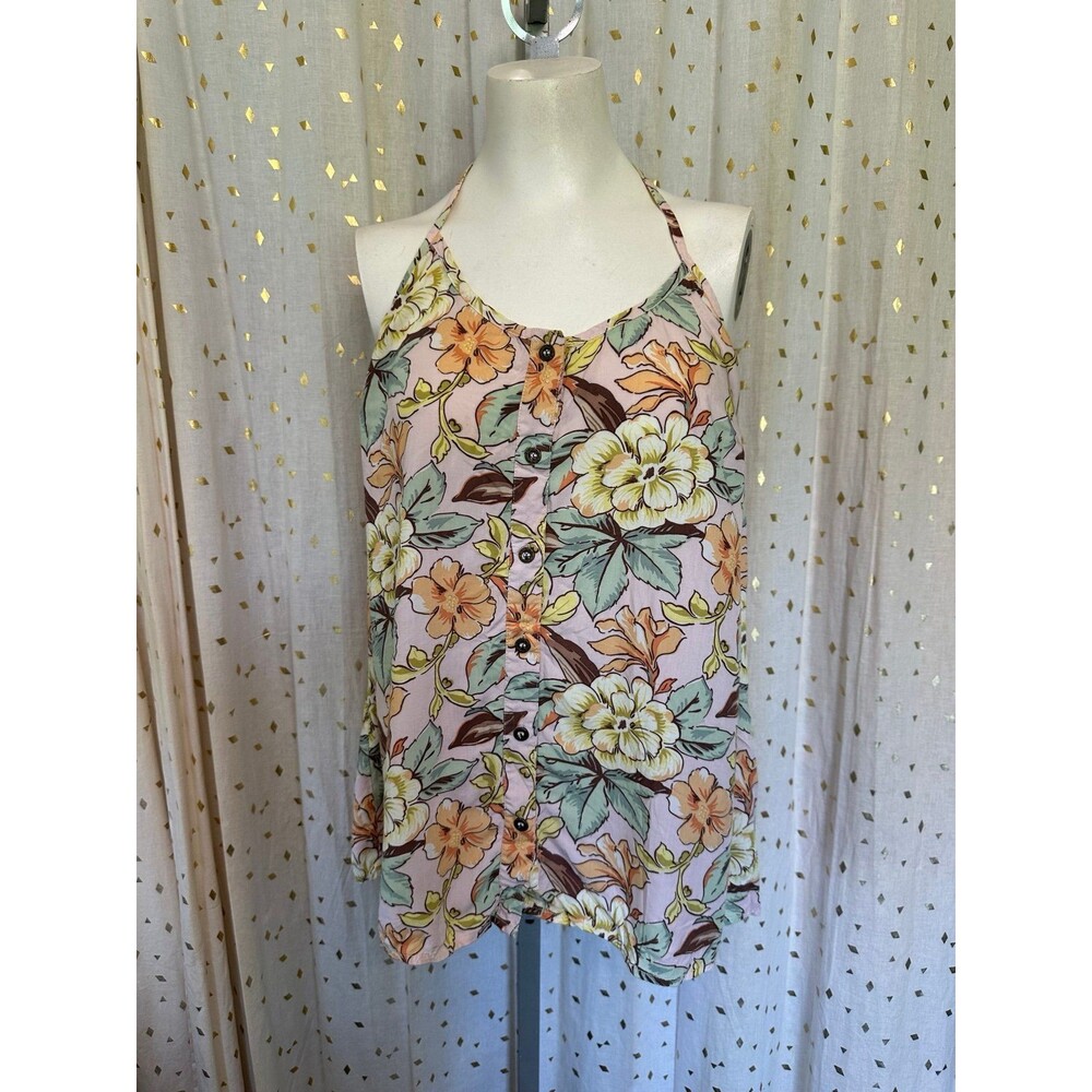 Vintage Quiksilver Women's Hawaiian Tropical Floral Halter Neck Tie Top M